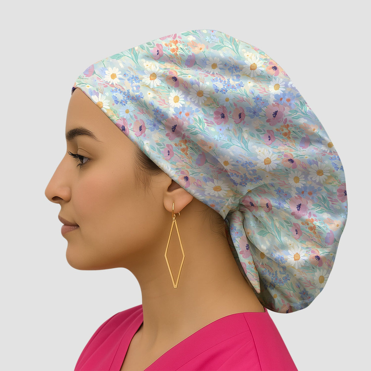Pastel Wildflower Meadow Floral Nurse Scrub Cap