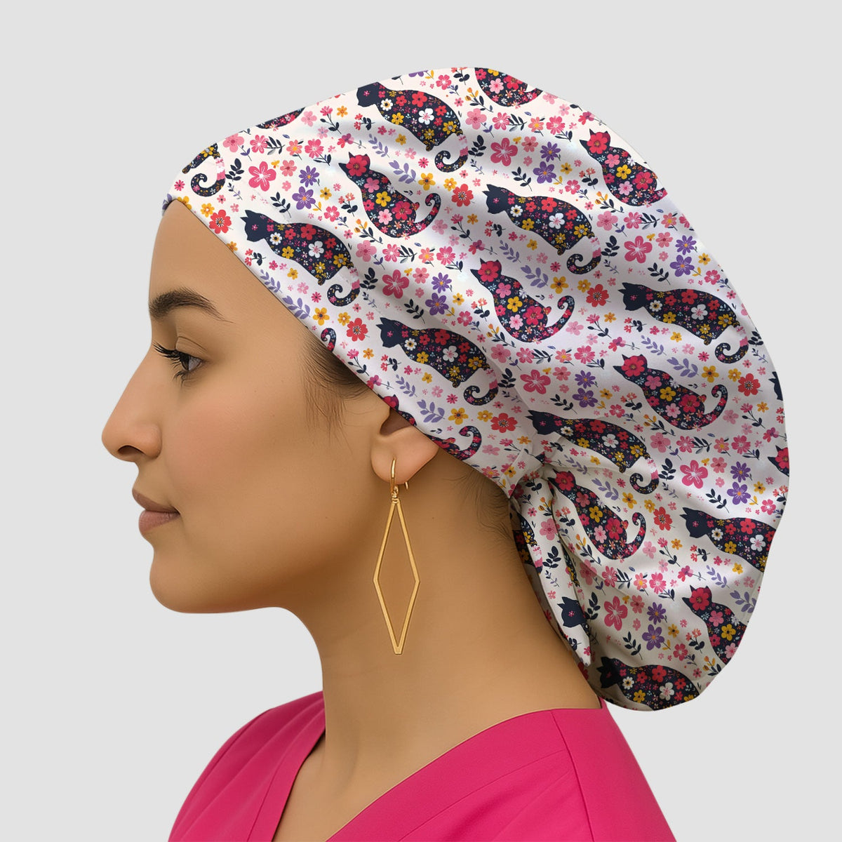 Floral Cat Silhouette Spring Garden Scrub Cap