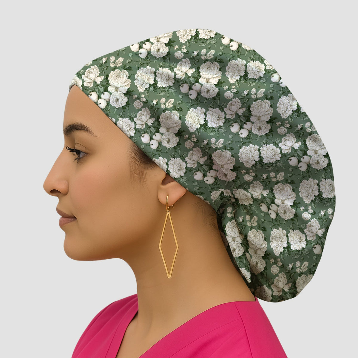 Elegant White Rose Garden Scrub Cap