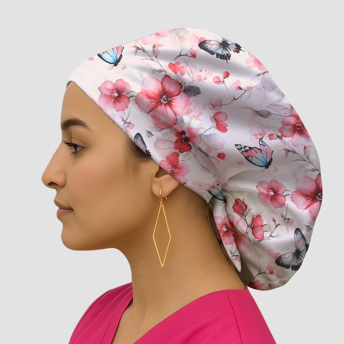 Pink Butterfly Blossom Nurse Scrub Cap