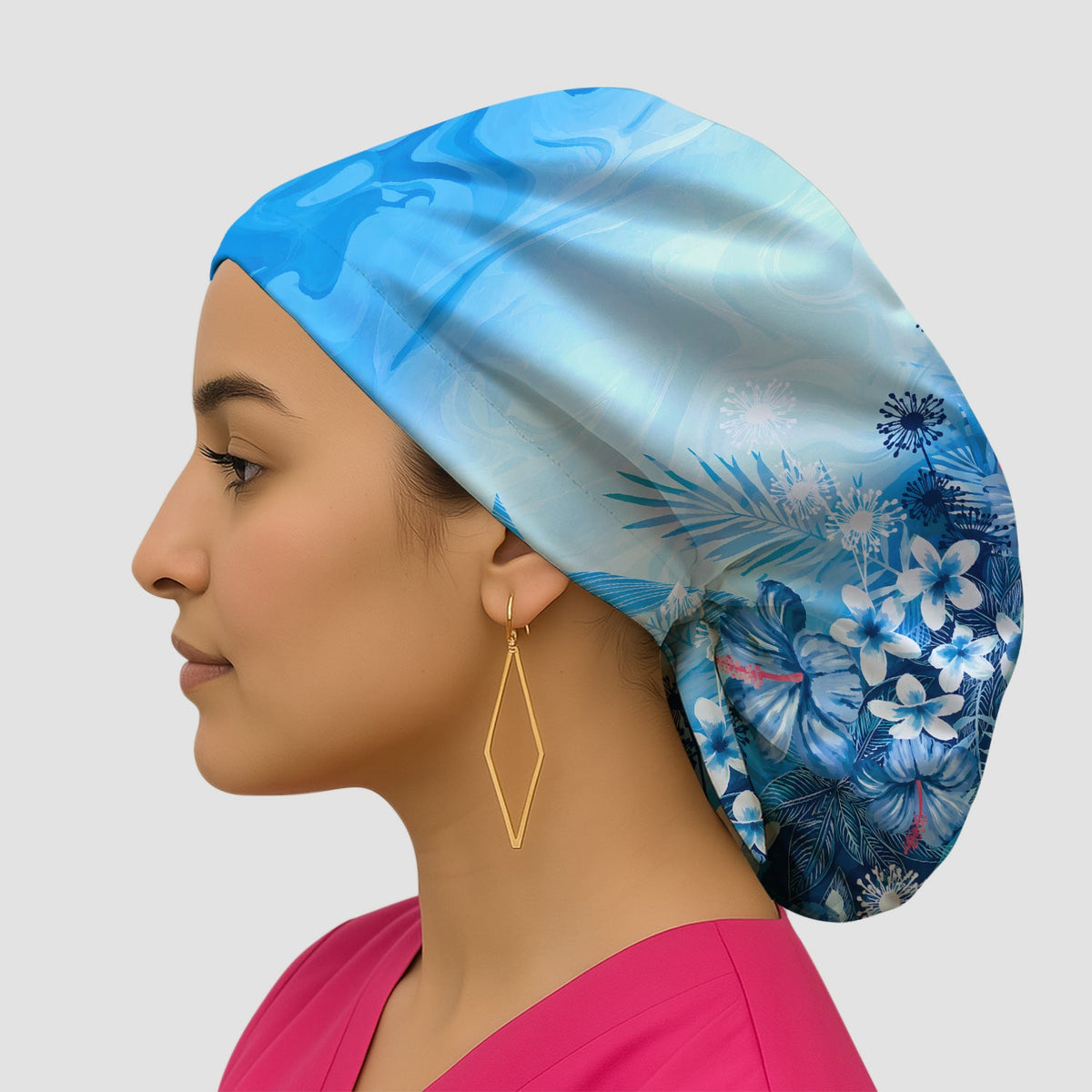 Elegant Blue Tropical Floral Scrub Cap