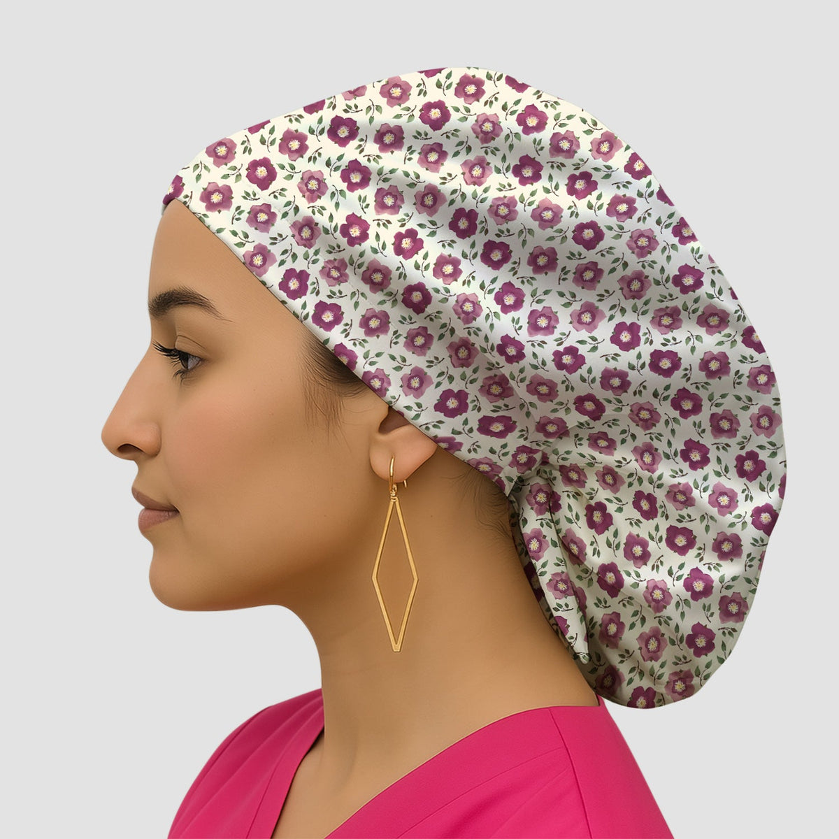Purple Floral Blossom Leaf Scrub Cap