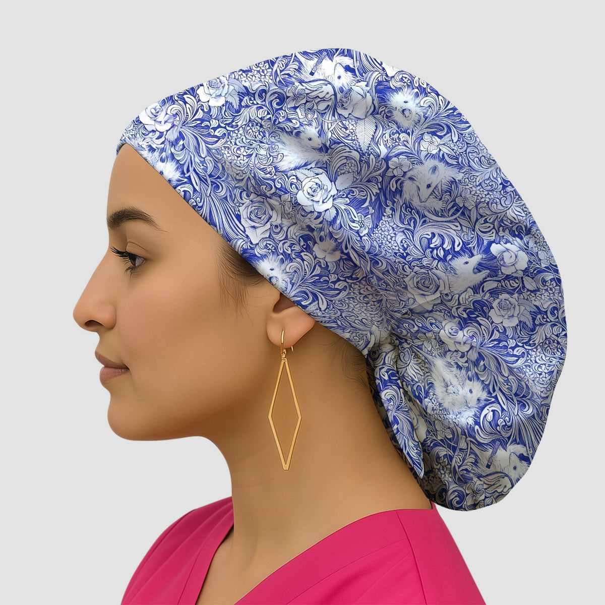 Blue Toile Porcupine Floral Scrub Cap