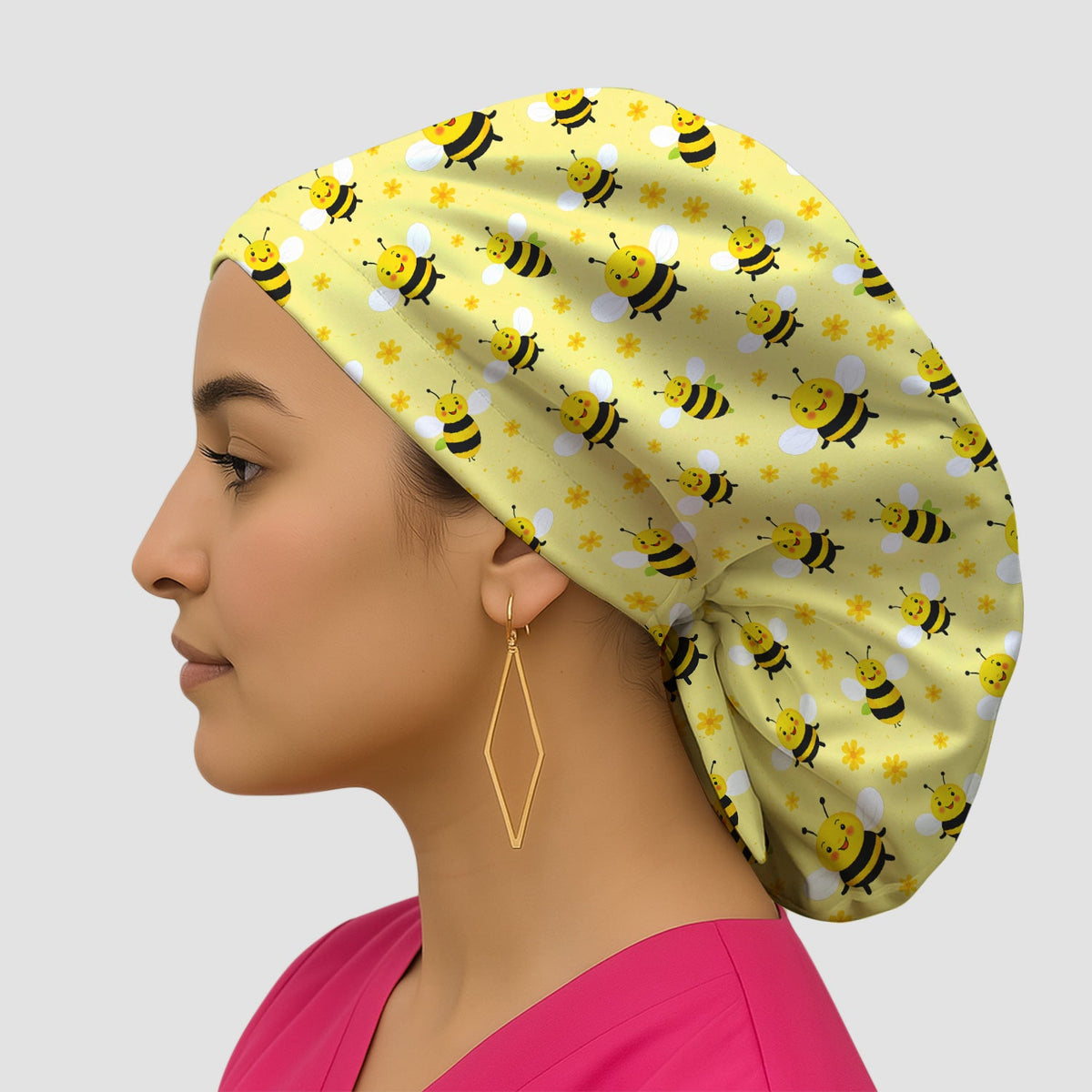 Smiling Bee Yellow Floral Scrub Cap