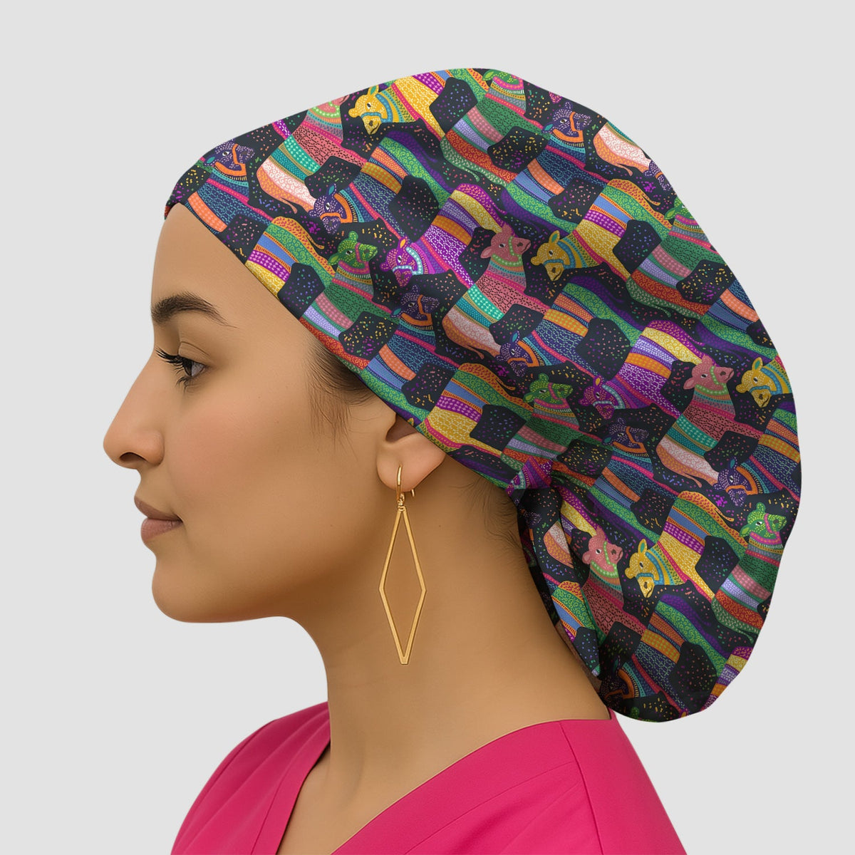 Vibrant Patchwork Rainbow Cow Scrub Cap