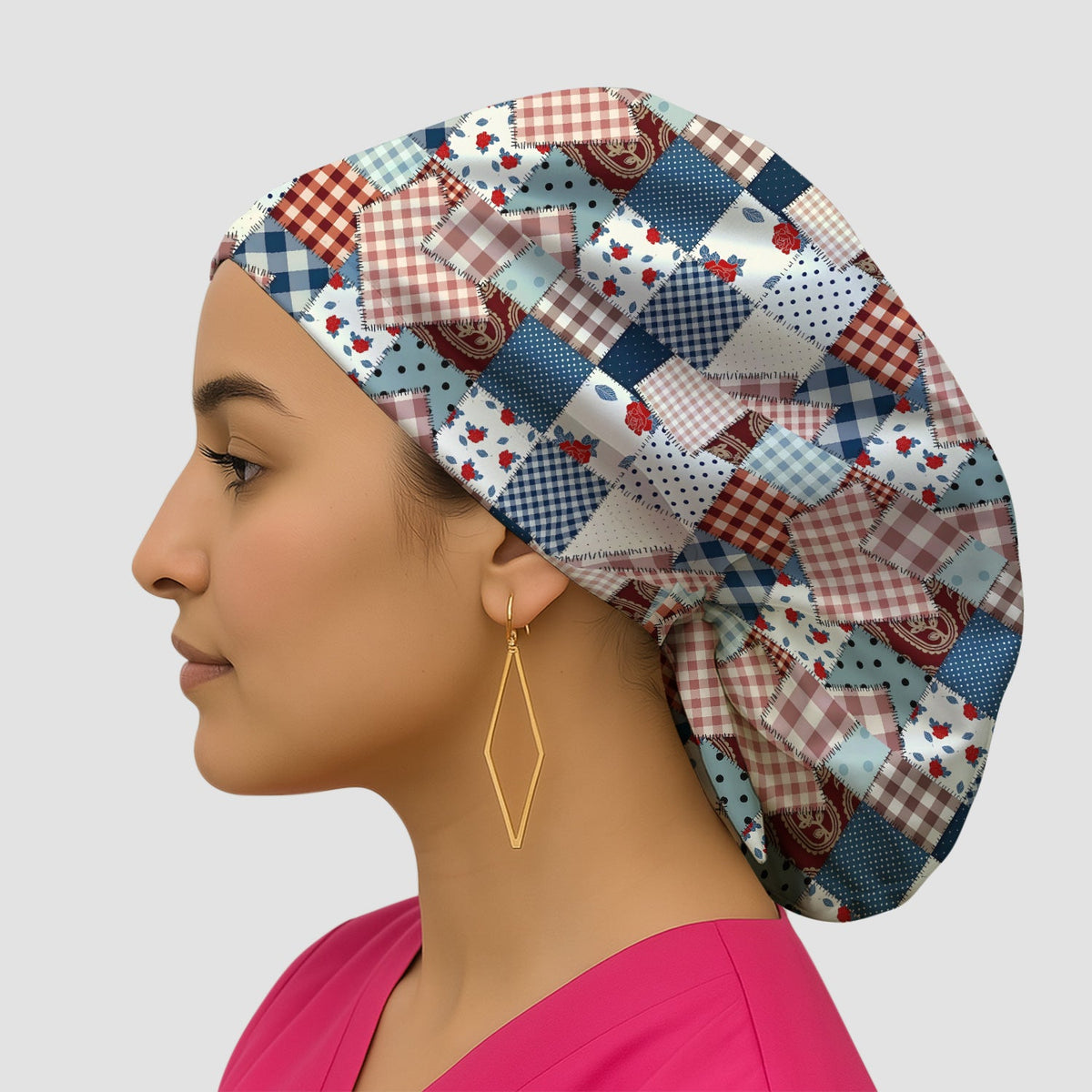 Retro Patchwork Plaid Quilt Scrub Cap