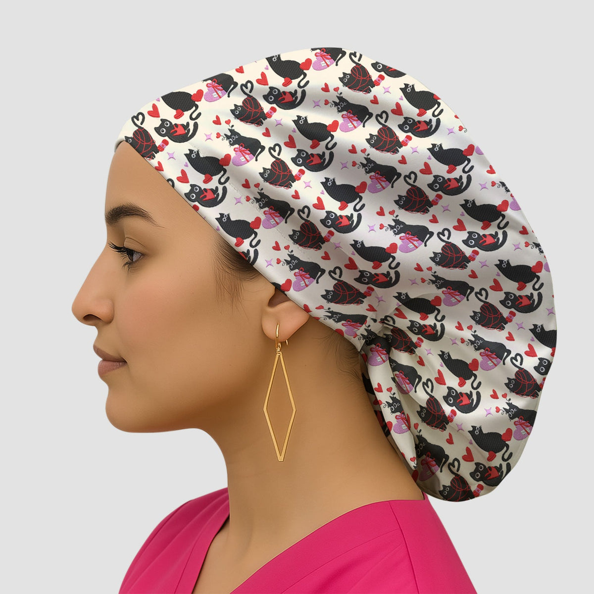 Valentine's Day Black Cat Heart Scrub Cap