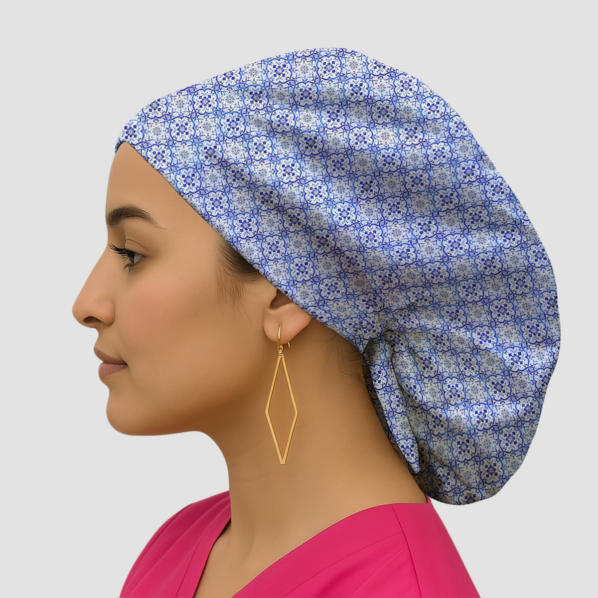 Blue Vintage Tile Floral Scrub Cap