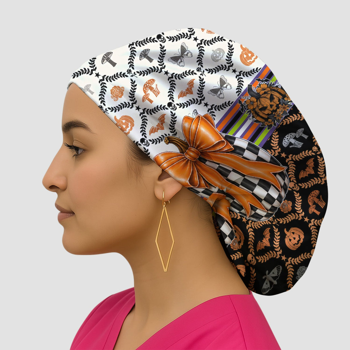 Checkered Pumpkin Bow Scrub Cap - Halloween Gift For Nurse