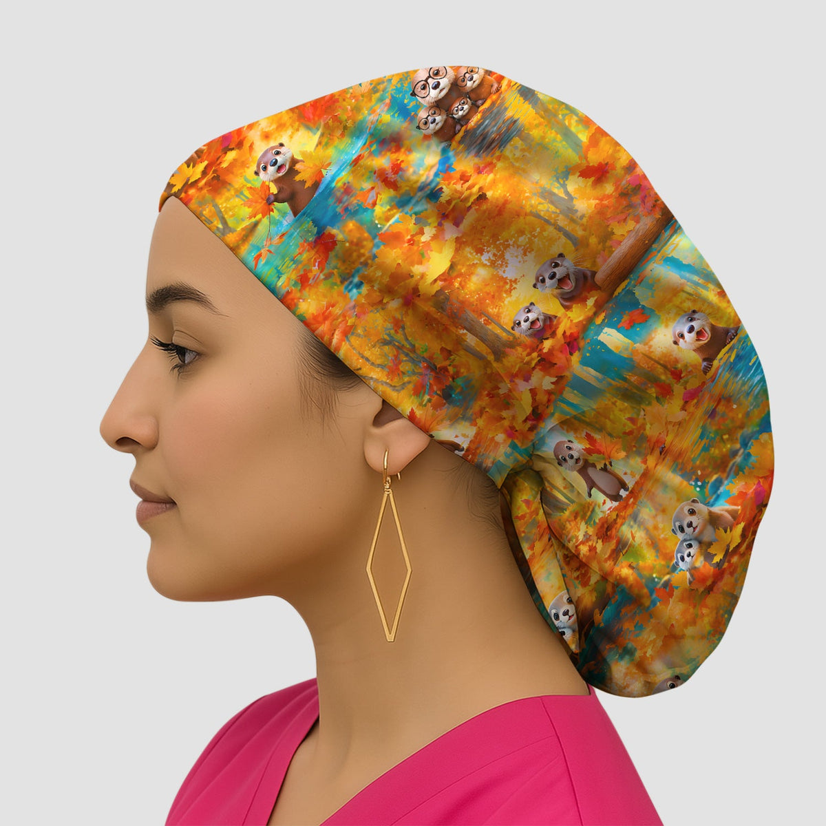 Cute Autumn Otter Leaf Forest Scrub Cap