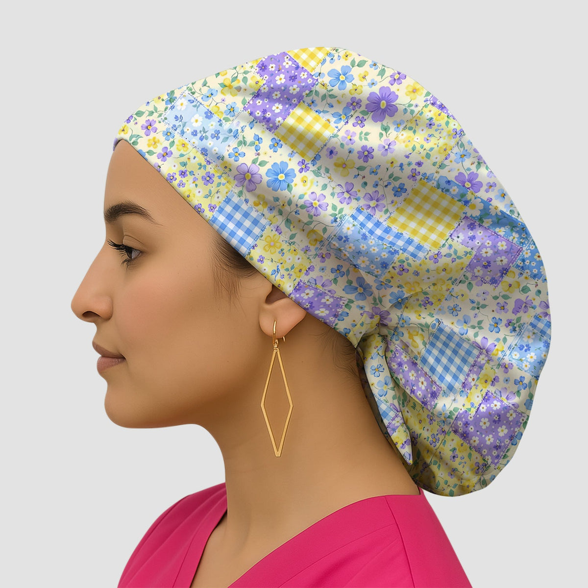 Floral Patchwork Gingham Scrub Cap