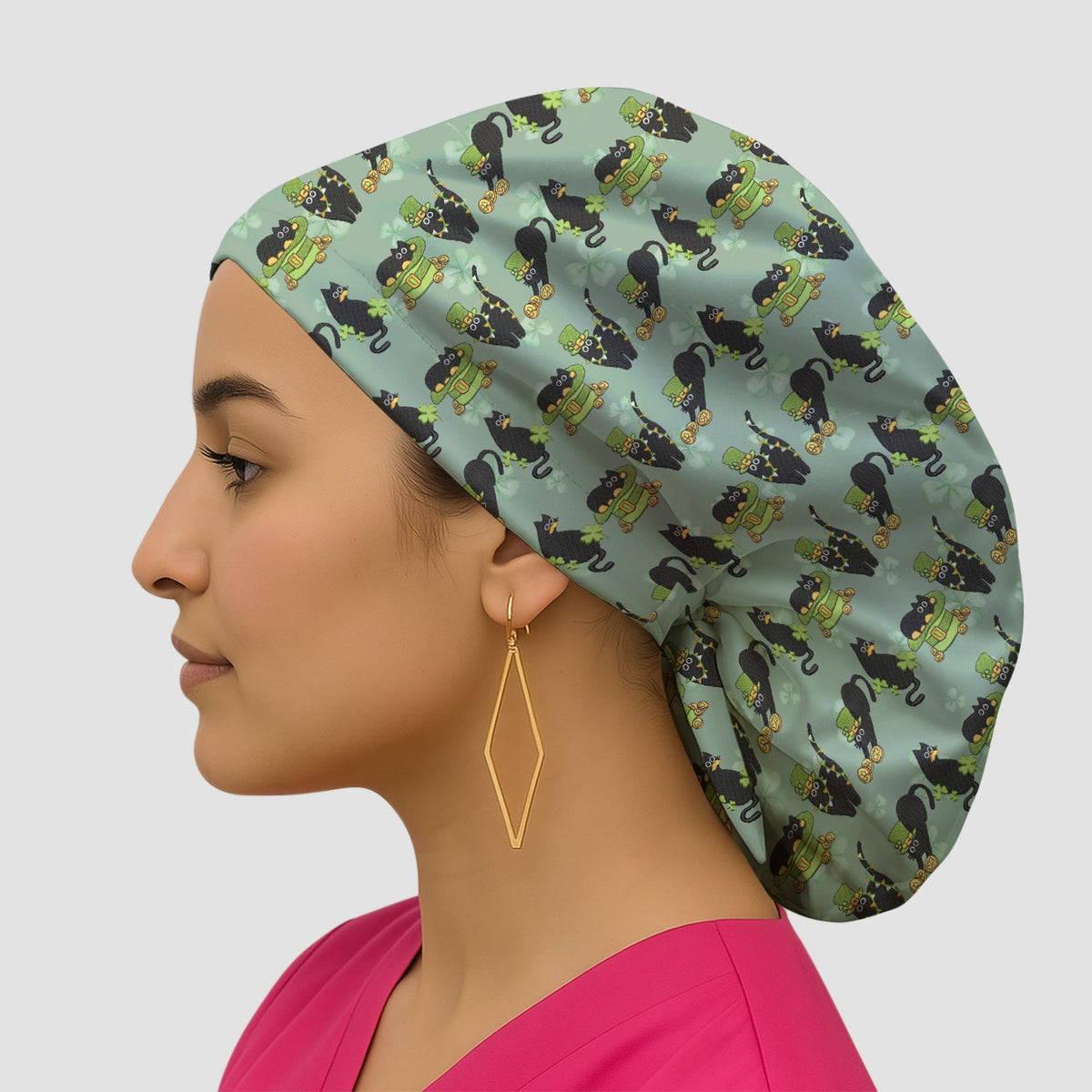 St Patrick Black Cat Clover Scrub Cap