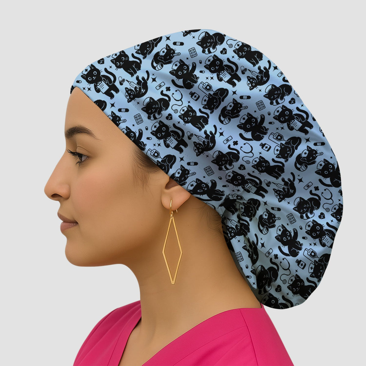 Cute White Black Cat Nurse Scrub Cap