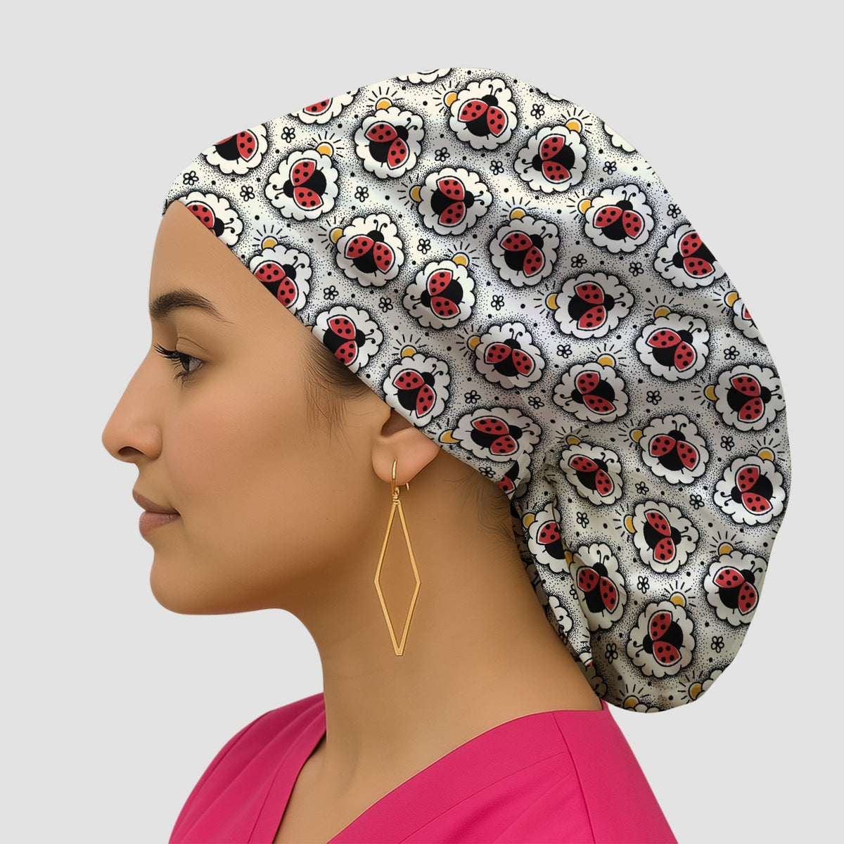 Ladybug Floral Frame Scrub Cap