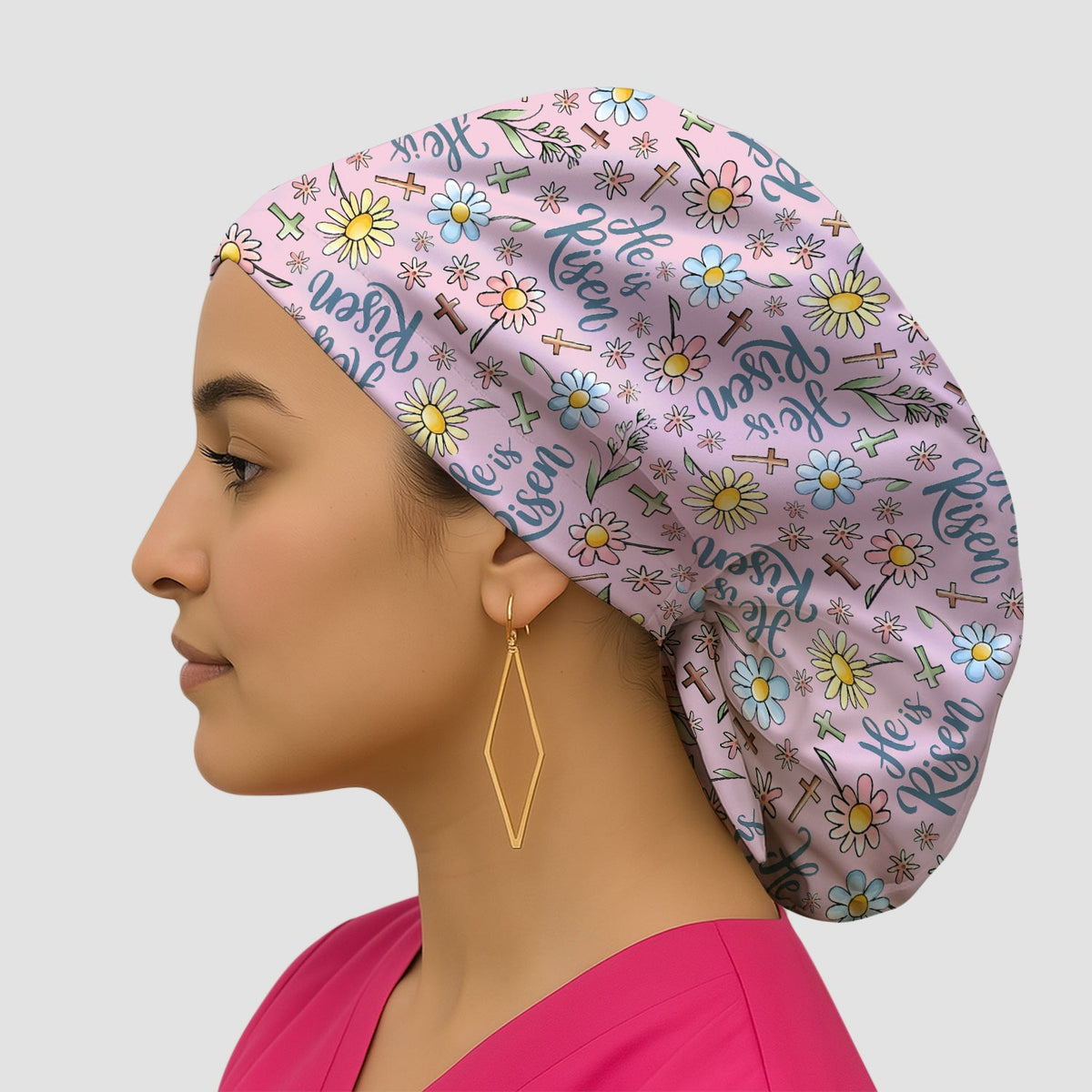 Risen Cross Flower Scrub Cap - Easter Gift For Nurse