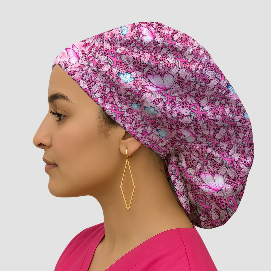 Pink Ribbon Butterfly Breast Cancer Scrub Cap