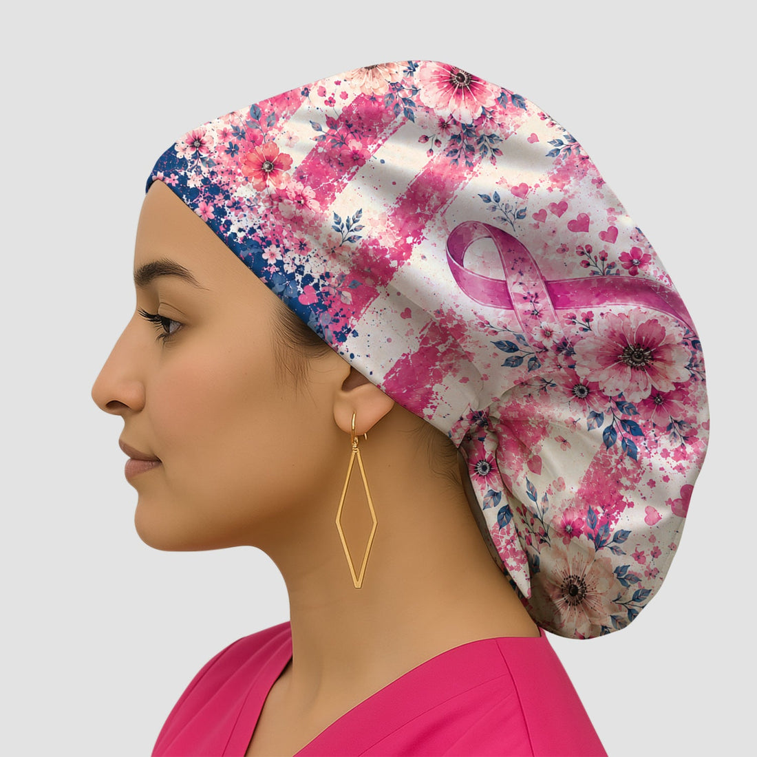 Breast Cancer Floral Flag Scrub Cap