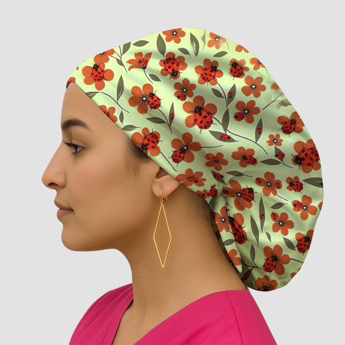 Ladybug Orange Floral Garden Scrub Cap