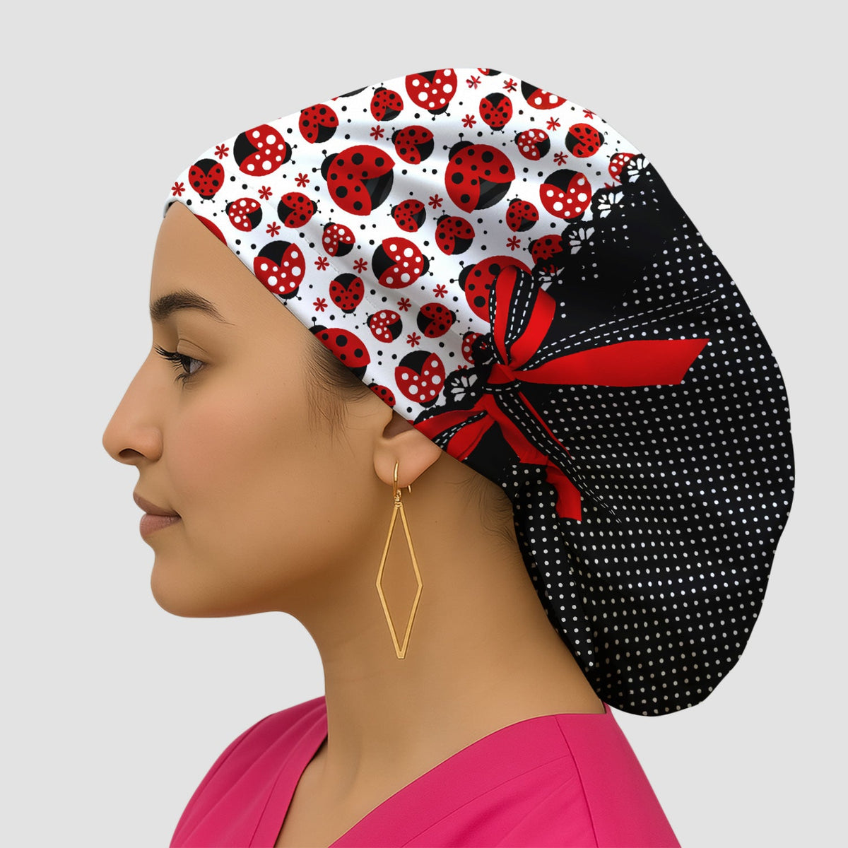 Ladybug Red Ribbon Polka Scrub Cap