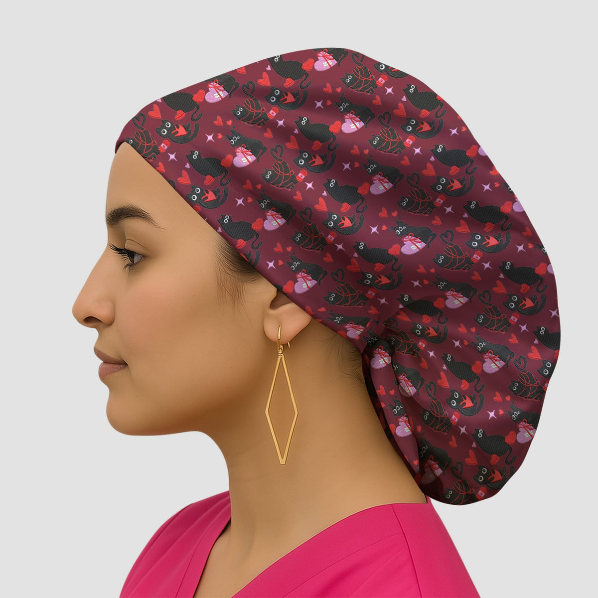 Valentine's Day Black Cat Heart Scrub Cap