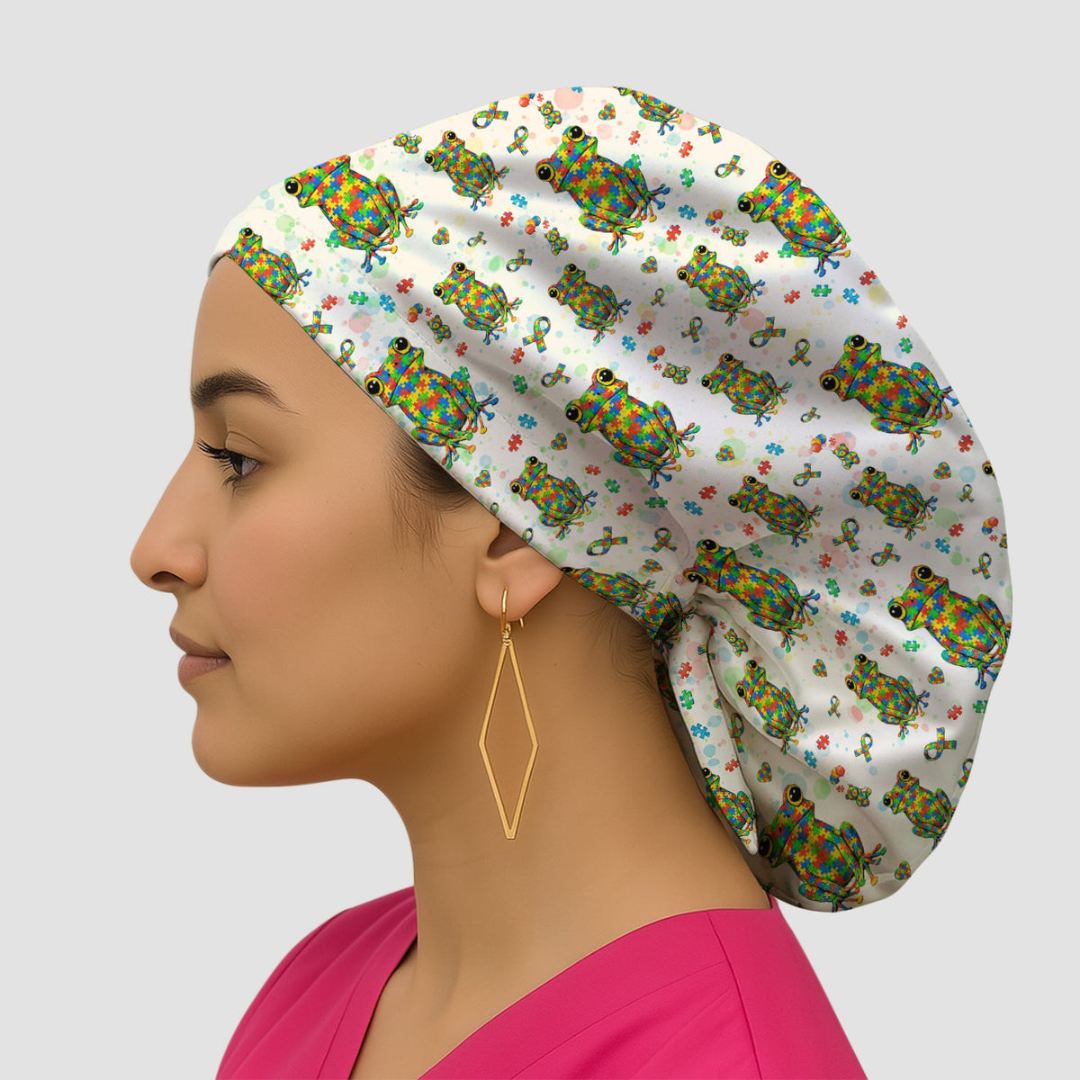 Colorful Autism Puzzle Frog Scrub Cap