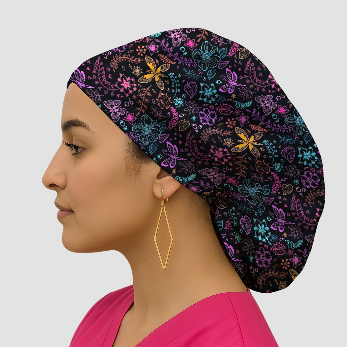Neon Butterfly Floral Garden Scrub Cap