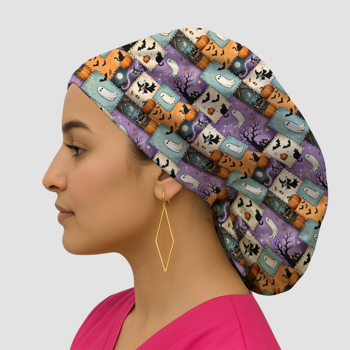 Spooky Ghost Black Cat Patchwork Scrub Cap