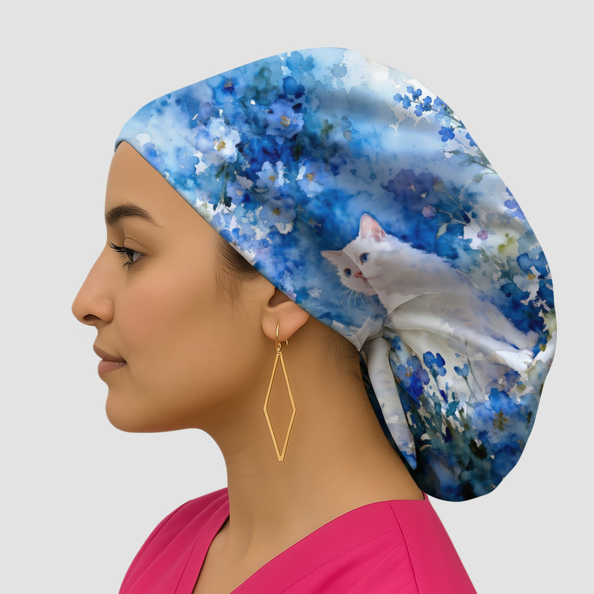 Adorable Blue Floral White Cat Scrub Cap