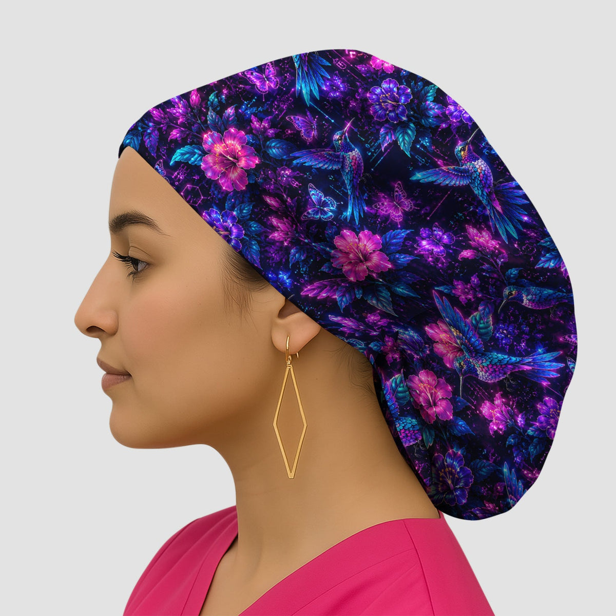 Neon Hummingbird Butterfly Bloom Scrub Cap