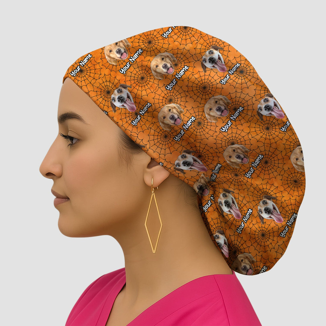 Personalized Halloween Dog Photo Spiderweb Scrub Cap