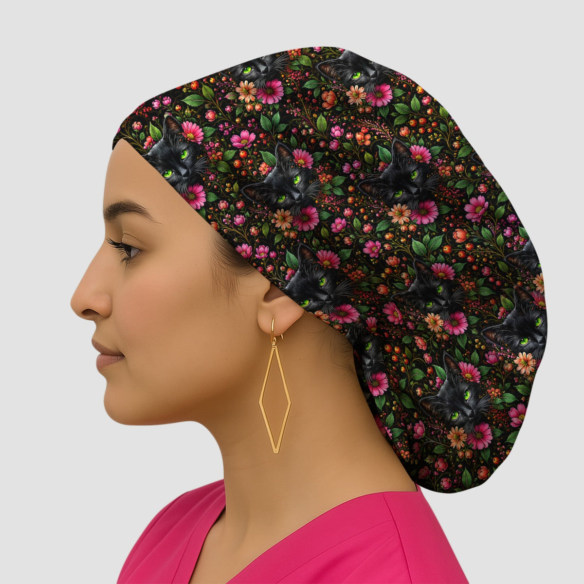 Adorable Black Cat Blossom Scrub Cap