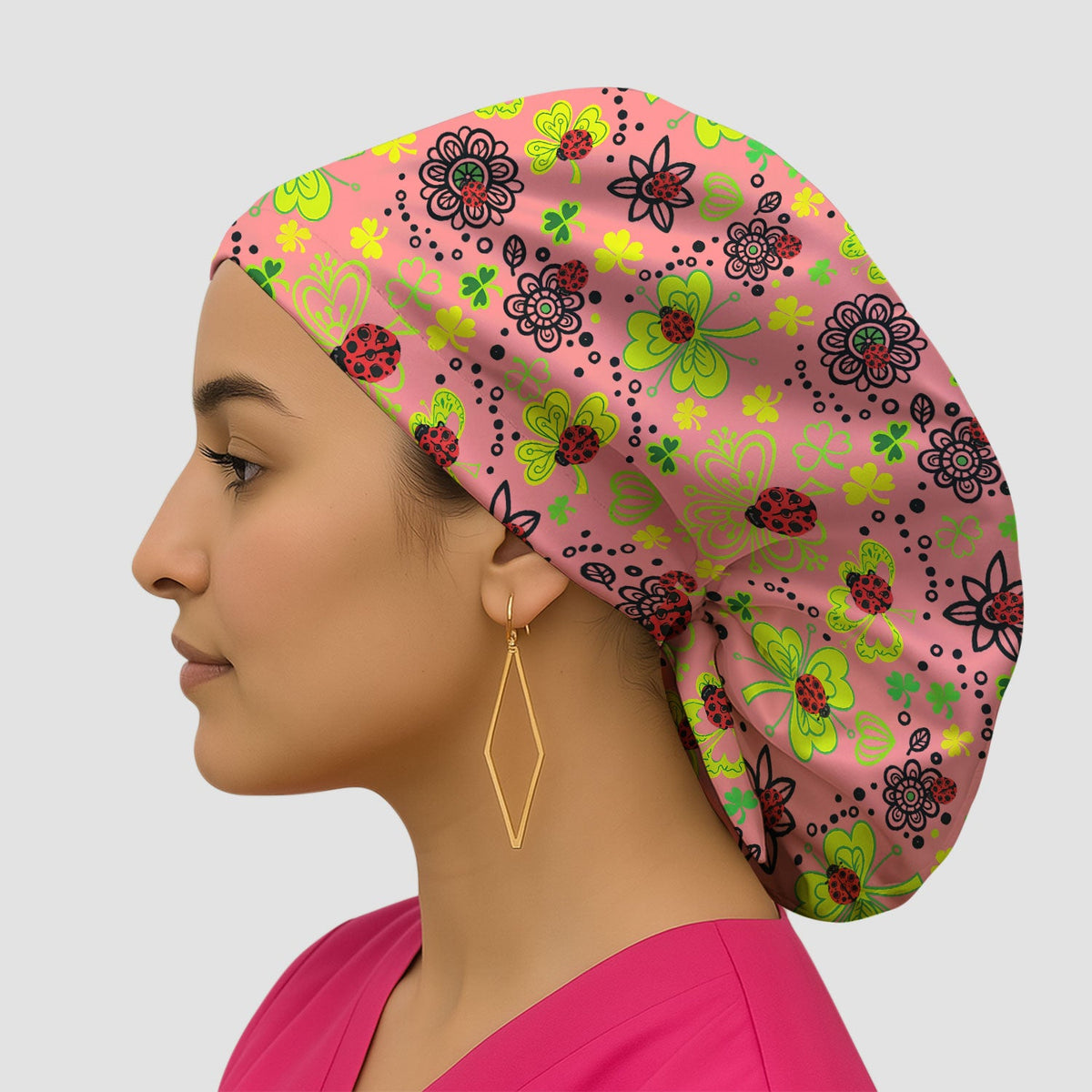 Ladybug Clover Floral Scrub Cap