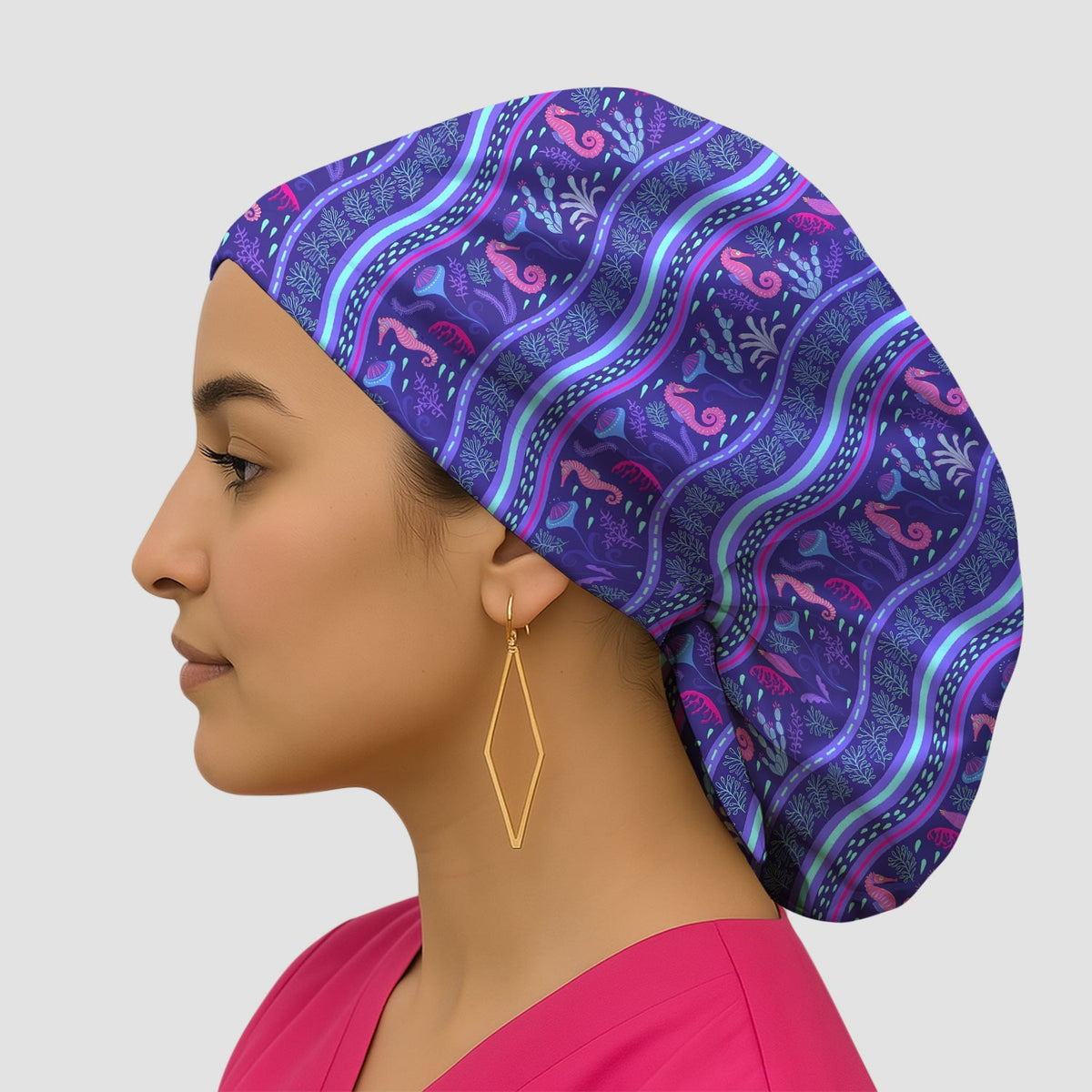 Purple Seahorse Ocean Pattern Scrub Cap