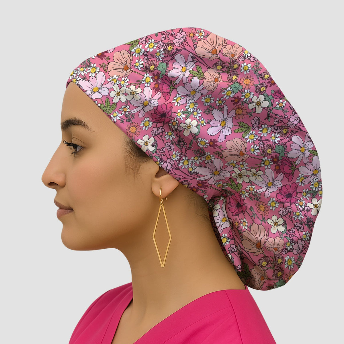 Pink Daisy Wildflower Scrub Cap