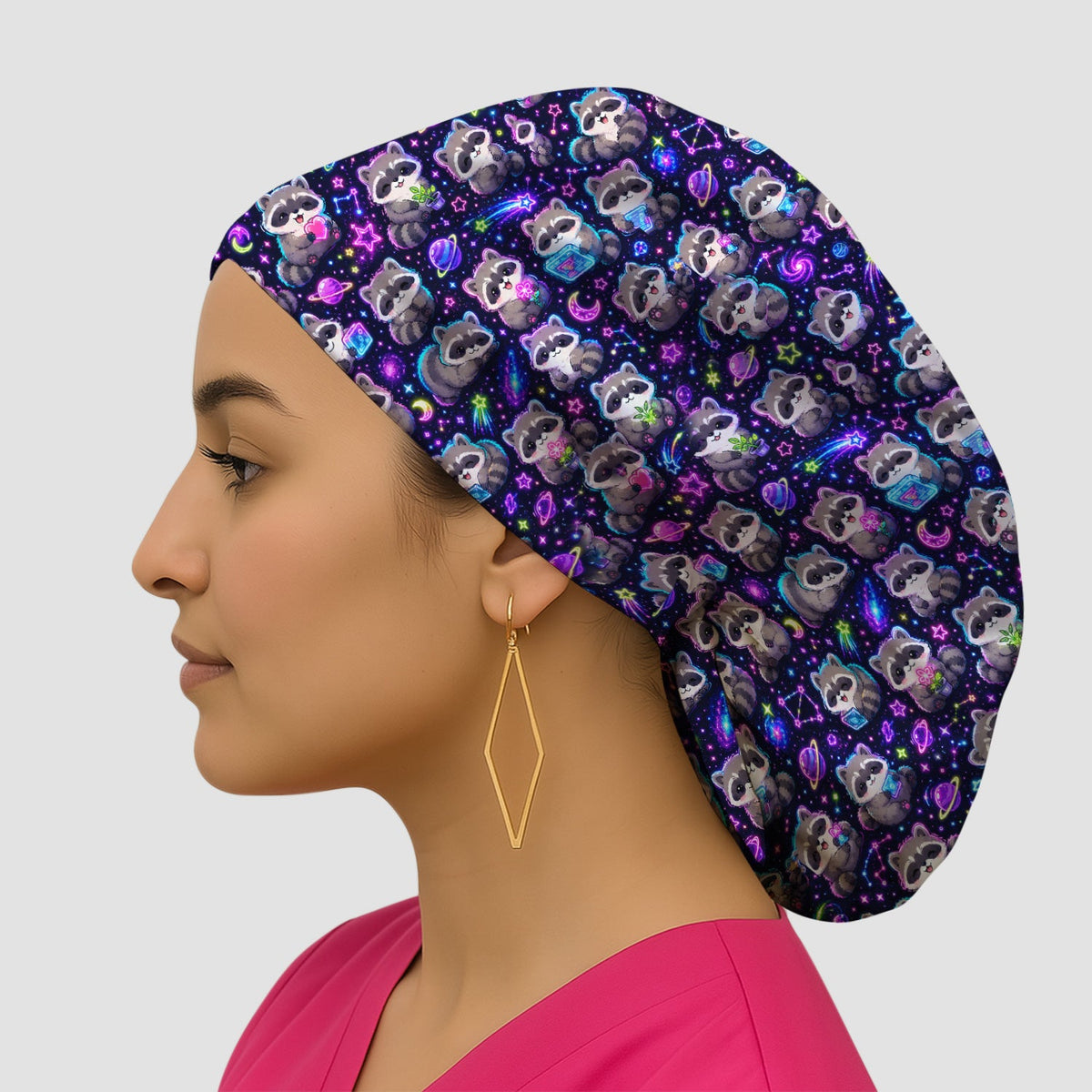 Neon Galaxy Raccoon Space Scrub Cap