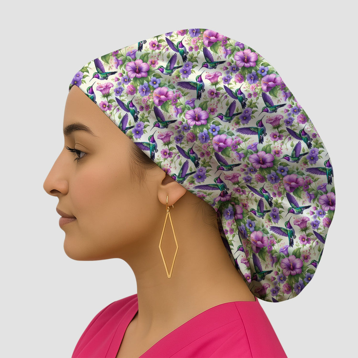 Purple Hummingbird Hibiscus Floral Scrub Cap