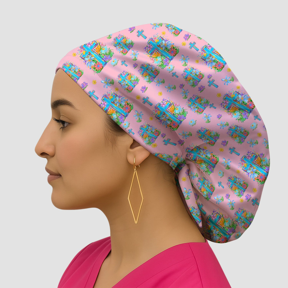 Christian Floral Cross Spring Scrub Cap