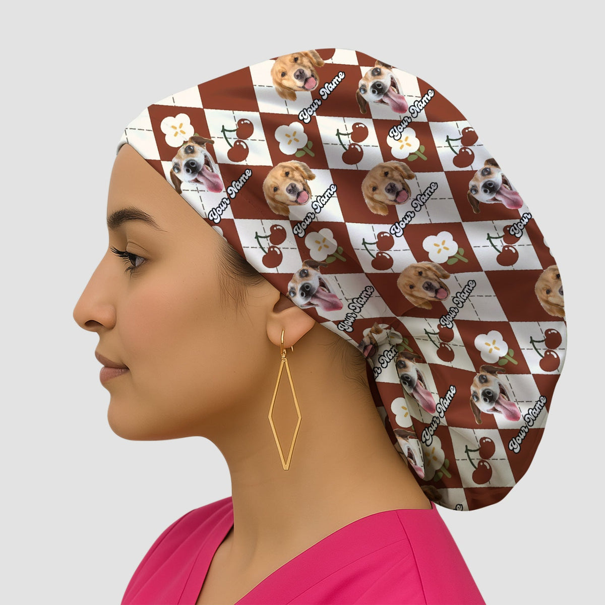 Dog Face Cherry Argyle Scrub Cap