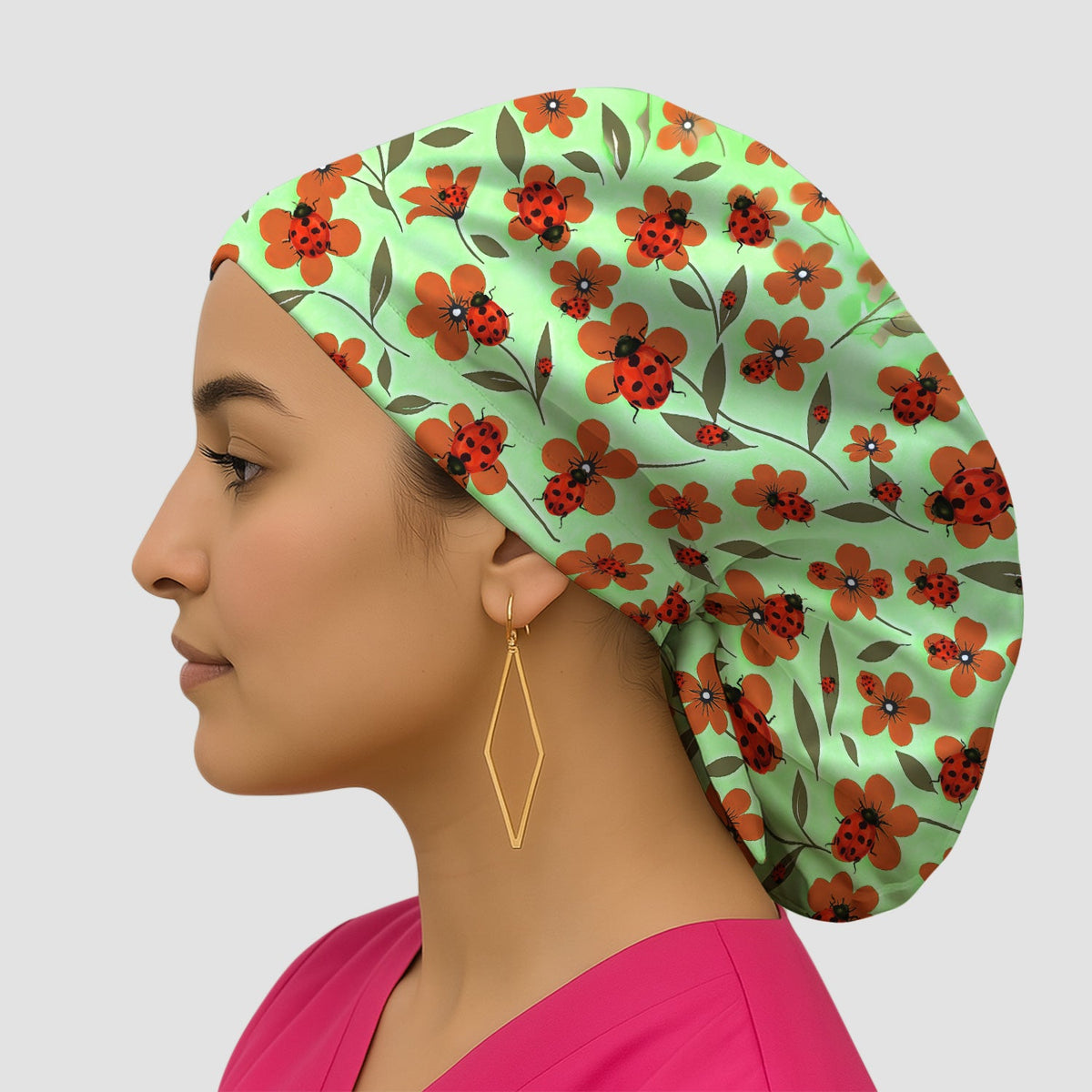 Ladybug Orange Floral Garden Scrub Cap