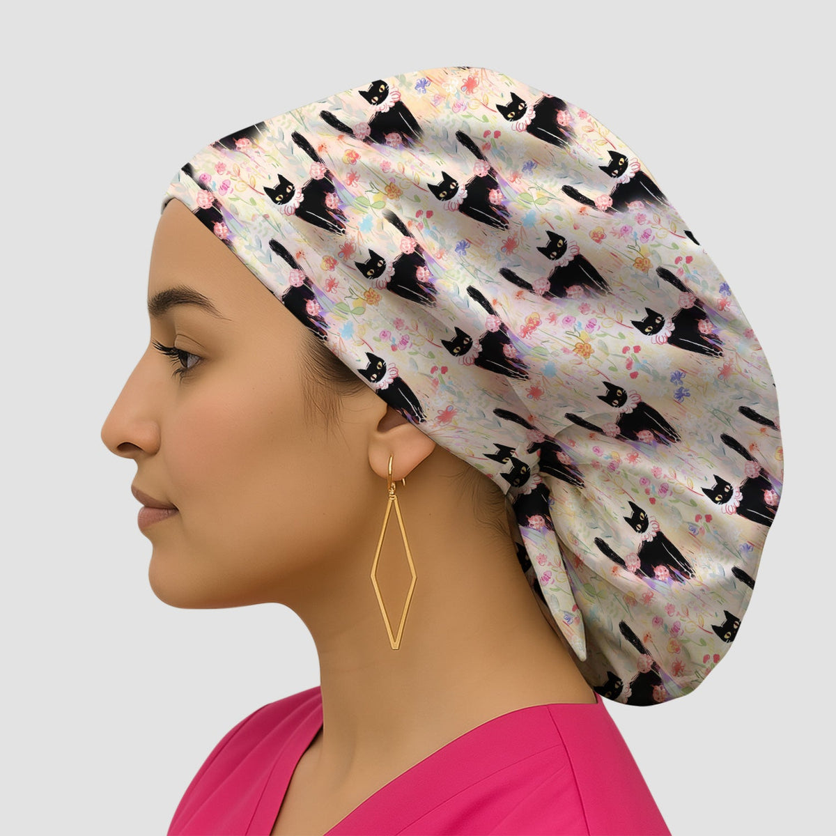 Black Cat Floral Garden Scrub Cap