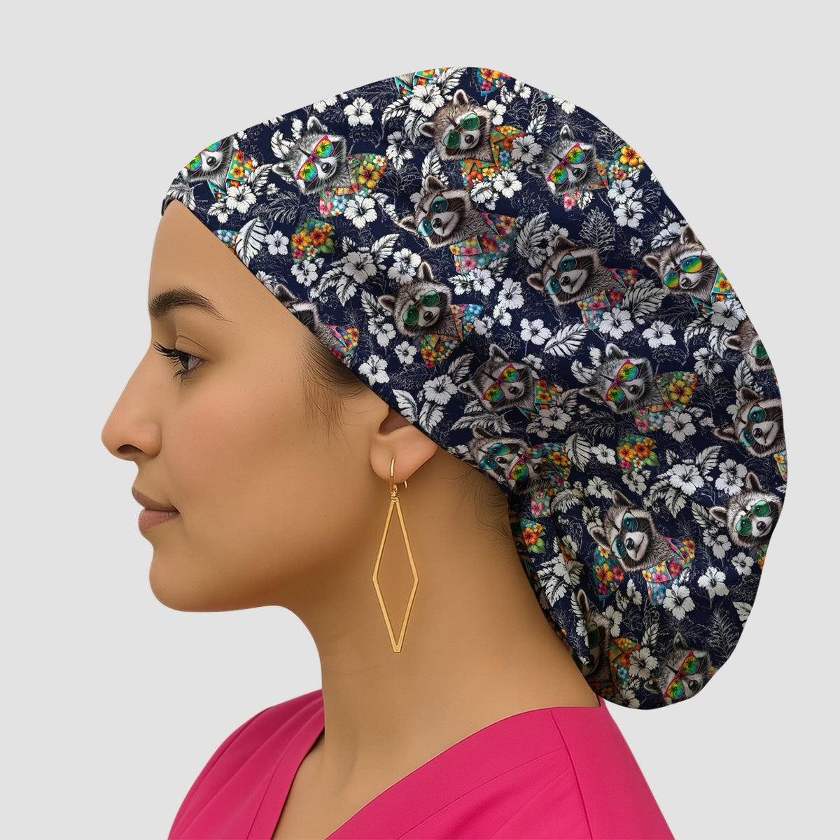 Tropical Raccoon Floral Scrub Cap