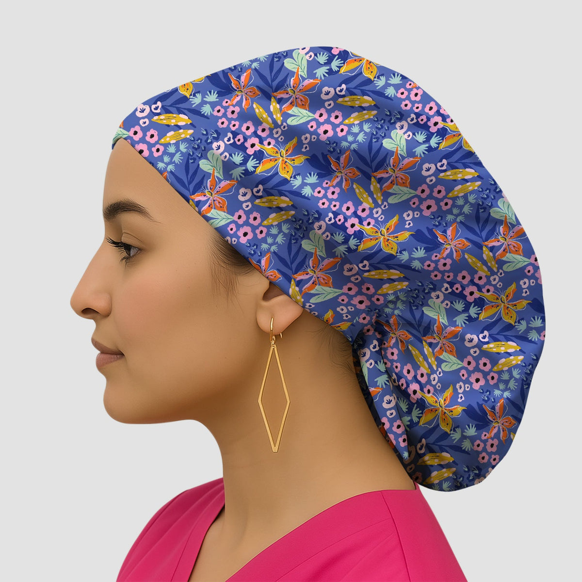 Blue Lily Floral Garden Nurse Scrub Cap