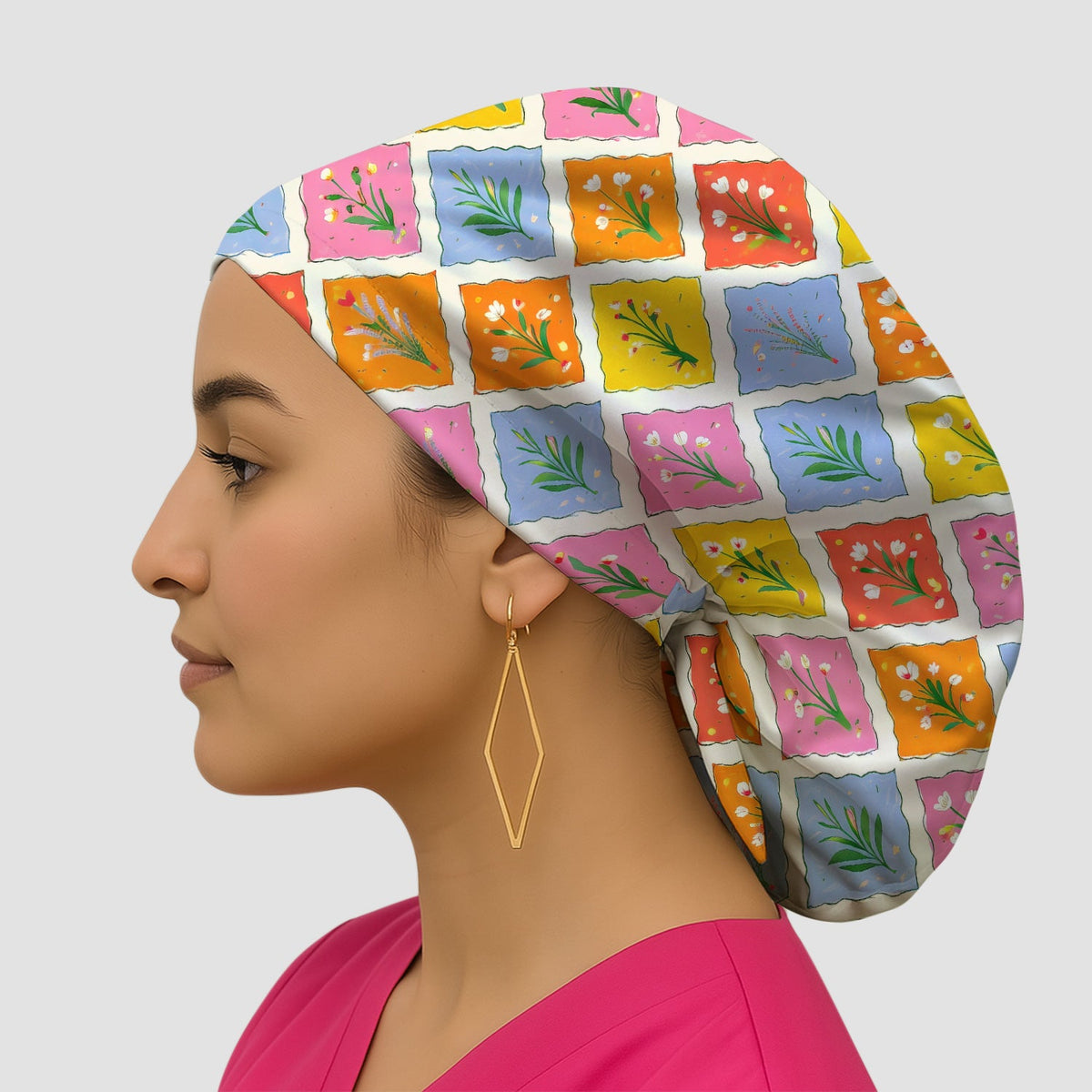 Colorful Floral Tile Scrub Cap
