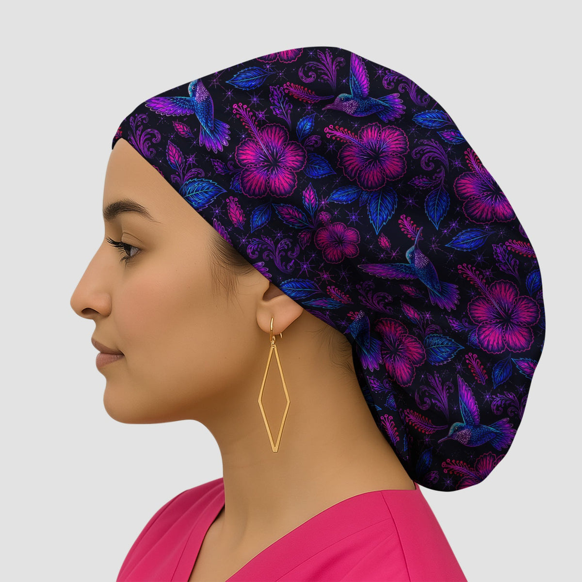 Tropical Hummingbird Hibiscus Floral Scrub Cap
