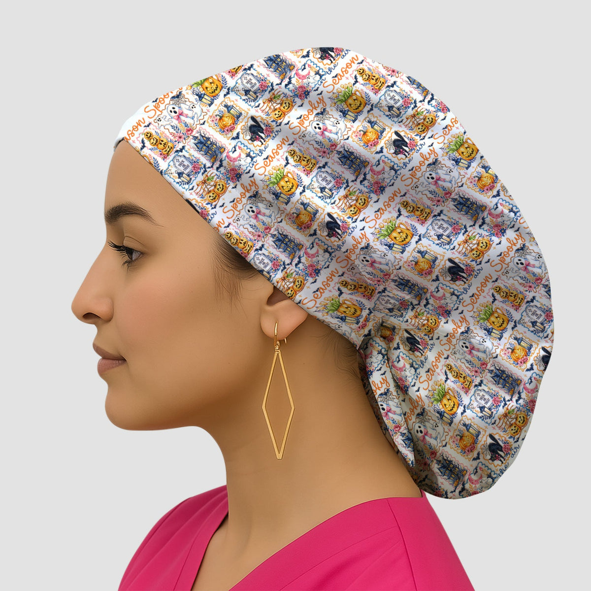 Spooky Pumpkin Ghost Pattern Scrub Cap
