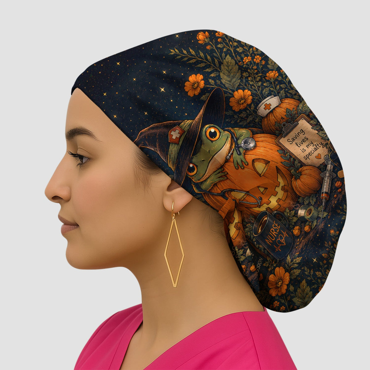Witch Frog Pumpkin Scrub Cap - Halloween Gift For Nurse
