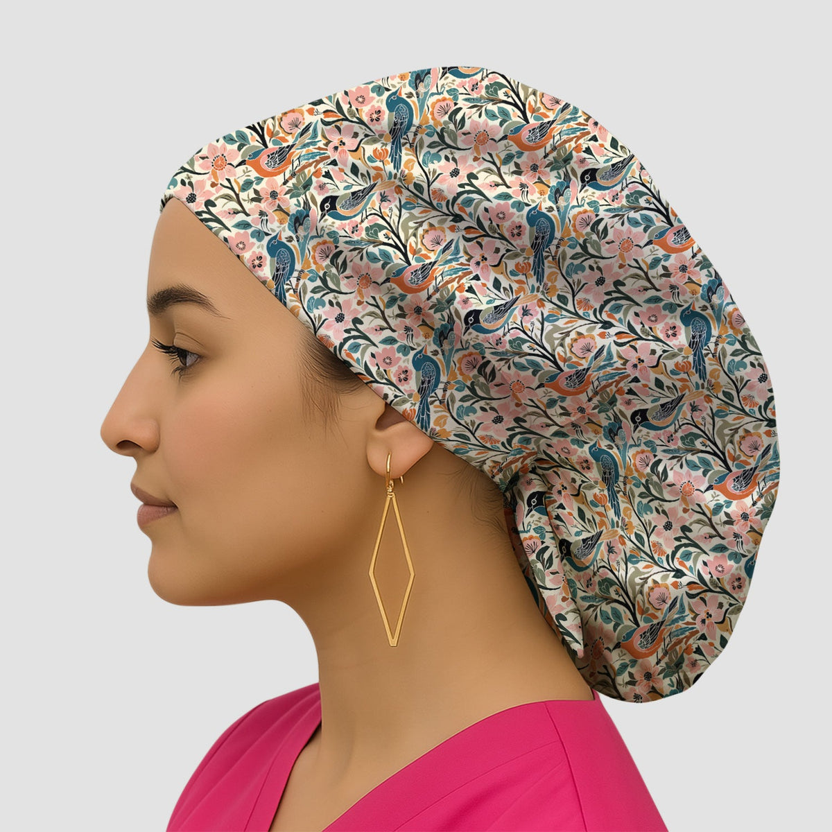 Folk Art Songbird Floral Scrub Cap