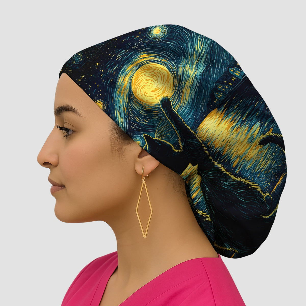 Starry Moonlit Black Cat Scrub Cap