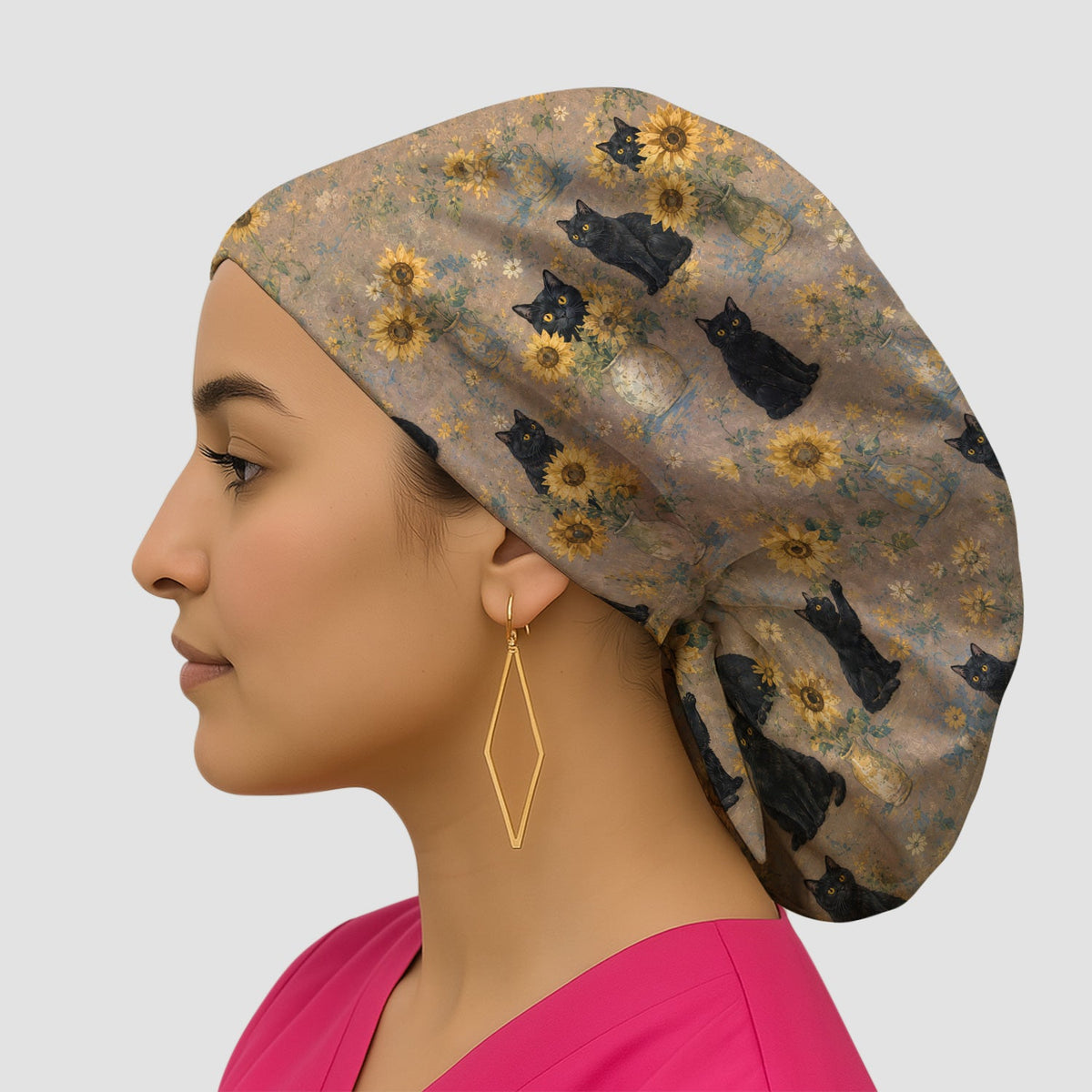 Rustic Sunflower Black Cat Scrub Cap