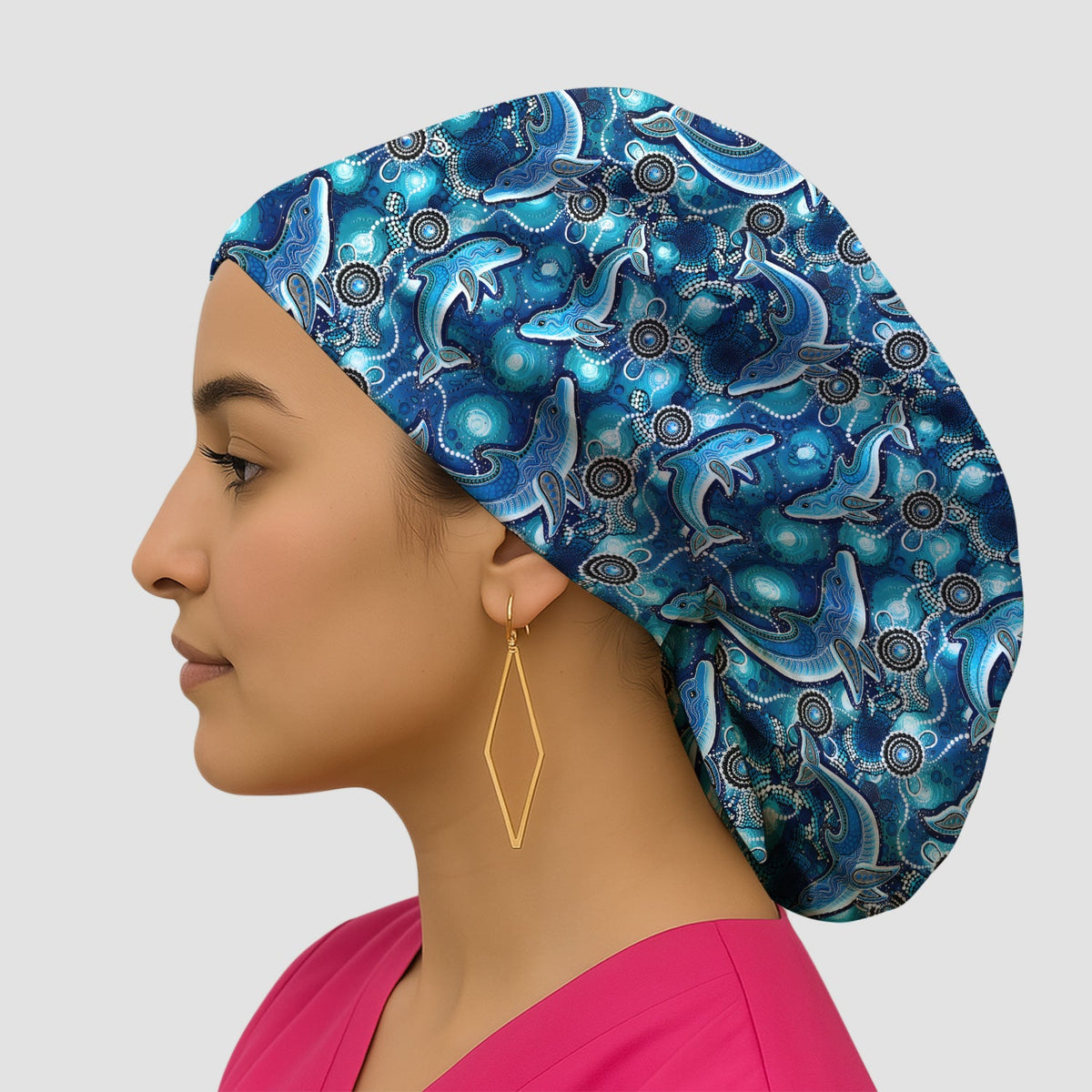 Ocean Dolphin Aboriginal Dot Nurse Scrub Cap